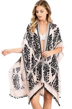 Black White Boho Print Kimono One Size Pom Pom Trim Open Front Cover Up